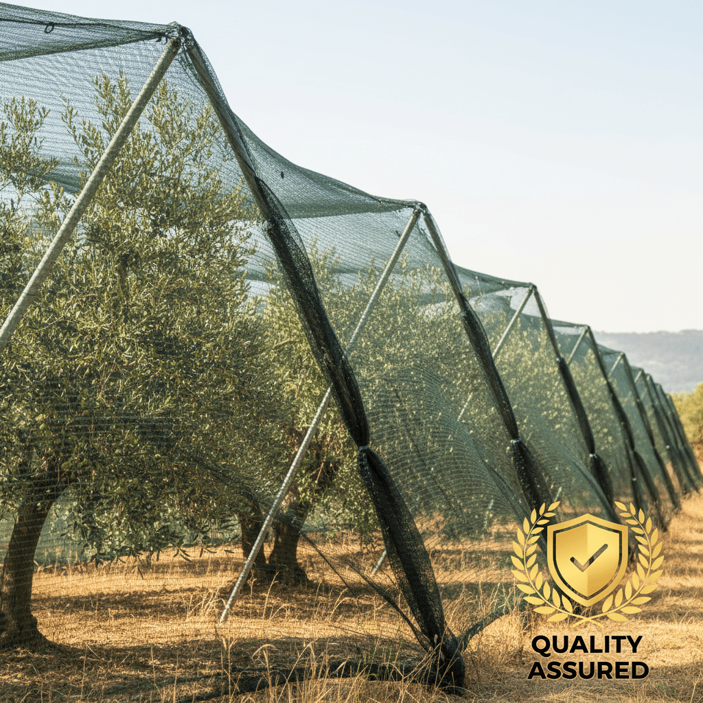 Plastic net over olive trees with quality assurance icon on a Greek farm